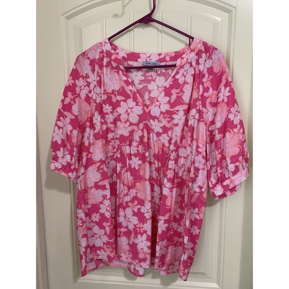 FLORAL & IVY WOMENS BLOUSE SIZE LARGE PINK FLORAL - Picture 1 of 2